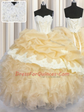 Gold Organza Lace Up Quinceanera Dress Sleeveless Floor Length Beading and Appliques and Ruffles and Pick Ups