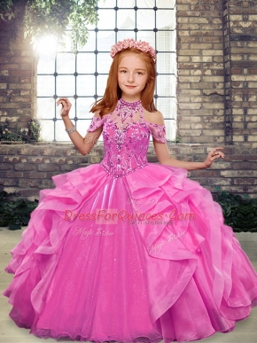 Floor Length Rose Pink Kids Pageant Dress High-neck Sleeveless Lace Up