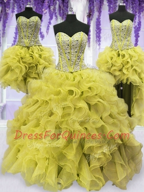 Classical Four Piece Floor Length Light Yellow Quinceanera Gown Organza Sleeveless Beading and Ruffles