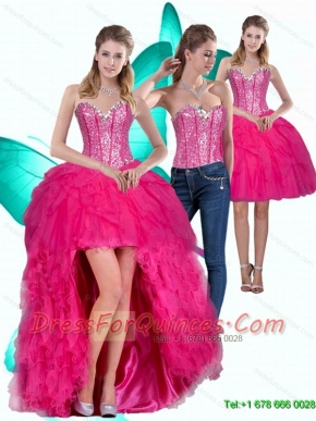 Detachable Most Popular High Low Hot Pink Sweetheart Prom Dresses with Ruffles and Beading