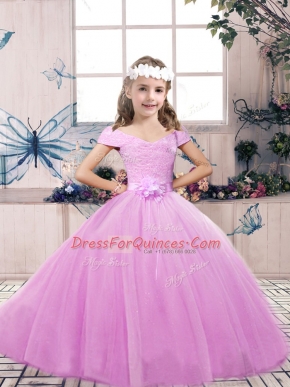 Latest Floor Length Lace Up Little Girl Pageant Dress Lilac for Party and Wedding Party with Lace and Belt