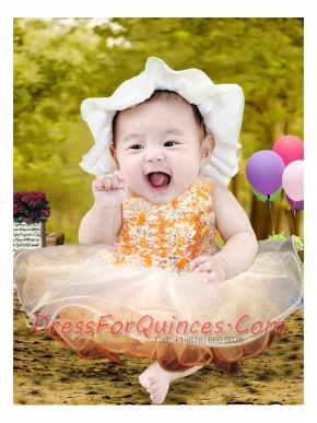 2014 Fashionable Beading and Ruffles Orange Little Girl Dress with Mini-length