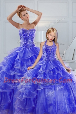 Blue Ball Gowns Beading and Ruffled Layers 15 Quinceanera Dress Lace Up Organza Sleeveless Floor Length
