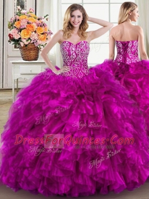 Beading and Ruffles Quince Ball Gowns Fuchsia Lace Up Sleeveless Brush Train