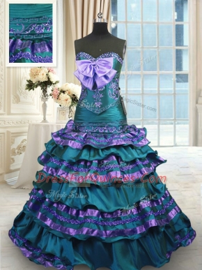 Admirable Sweetheart Sleeveless Taffeta Sweet 16 Quinceanera Dress Appliques and Ruffled Layers and Bowknot Sweep Train Lace Up