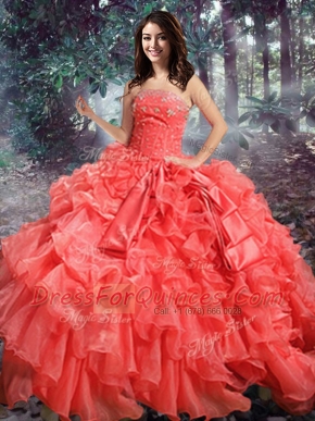 Shining Sleeveless Organza Floor Length Lace Up Sweet 16 Quinceanera Dress in Coral Red with Beading and Ruffles