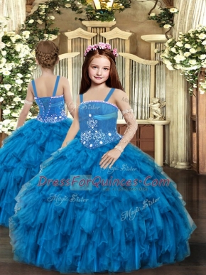Blue Sleeveless Tulle Lace Up Pageant Gowns For Girls for Party and Wedding Party