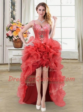 Straps Coral Red Sleeveless High Low Beading and Ruffles Lace Up Prom Dresses