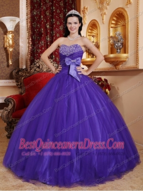 Purple Ball Gown Sweetheart Floor-length Tulle and Tafftea Beading Quinceanera Dress