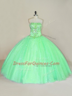 Free and Easy Green Ball Gowns Strapless Sleeveless Tulle Floor Length Lace Up Beading and Sequins Quinceanera Gowns