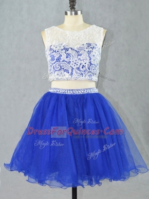 Perfect Royal Blue Scoop Neckline Lace and Appliques Prom Gown Sleeveless Zipper