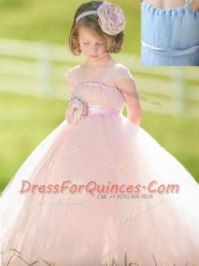 Straps Sleeveless Toddler Flower Girl Dress Floor Length Bowknot and Hand Made Flower Baby Pink Tulle