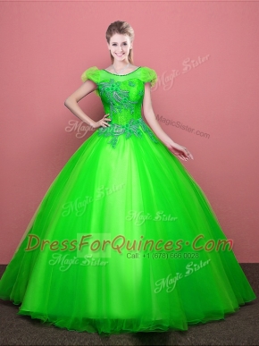 Dramatic Scoop Short Sleeves Quince Ball Gowns Floor Length Appliques Tulle