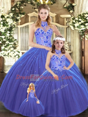 Sleeveless Embroidery Lace Up Quinceanera Dresses with Blue