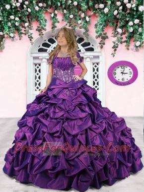 Strapless Purple Little Girl Pageant Dress with Appliques and Pick-ups for 2014