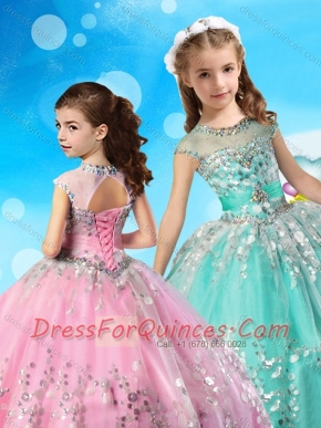 See Through Cap Sleeves Adorable Little Girl Pageant Dress with Beading and Appliques