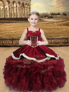 Wonderful Wine Red Ball Gowns Straps Sleeveless Organza Floor Length Lace Up Beading and Ruffles Pageant Gowns For Girls