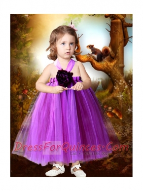 Purple A-Line Ankle-length Hand Made Flower Little Girl Dress with Halter Top