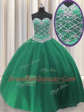 Dark Green Sleeveless Beading and Sequins Floor Length Quinceanera Dress