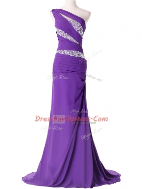 Nice One Shoulder Sleeveless Brush Train Lace Up Purple Chiffon