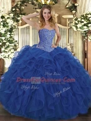 Royal Blue Tulle Lace Up Sweetheart Sleeveless Floor Length Quinceanera Gowns Beading and Ruffles