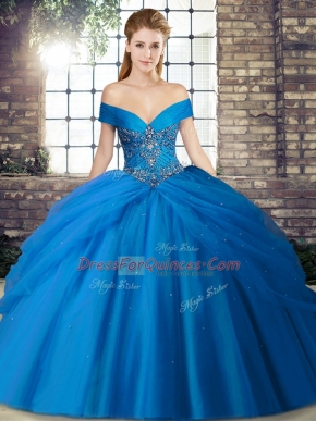 Blue Off The Shoulder Neckline Beading and Pick Ups Quinceanera Gowns Sleeveless Lace Up