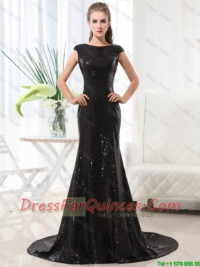 Beautiful Column Bateau Brush Train Sequins Prom Dresses in Black