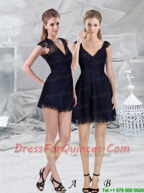 Navy Blue Lace Empire V Neck Cap Sleeves Prom Dress with Mini Length