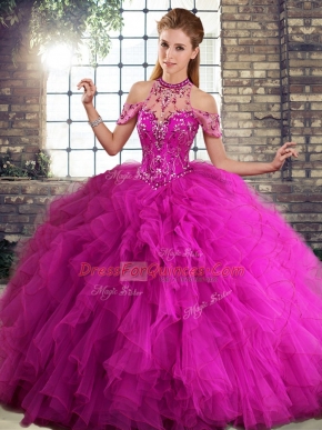 Suitable Fuchsia Lace Up 15th Birthday Dress Beading and Ruffles Sleeveless Floor Length