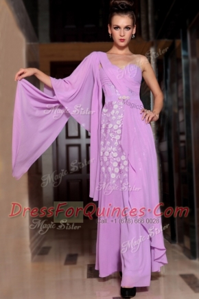 Unique Half Sleeves Chiffon Ankle Length Side Zipper Prom Dresses in Lilac with Beading and Ruching