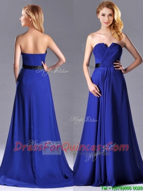 Luxurious Empire Chiffon Royal Blue Prom Dress with Brush Train