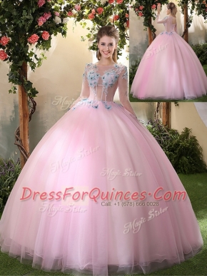 Adorable Scoop Floor Length Ball Gowns Long Sleeves Baby Pink Sweet 16 Quinceanera Dress Lace Up