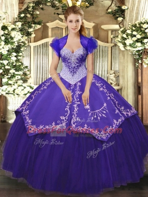 Purple Ball Gown Prom Dress Military Ball and Sweet 16 and Quinceanera with Beading and Embroidery Sweetheart Sleeveless Lace Up