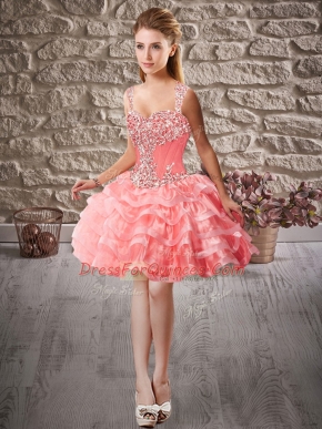 Pretty Watermelon Red Lace Up Straps Beading and Ruffled Layers Party Dress Organza Sleeveless