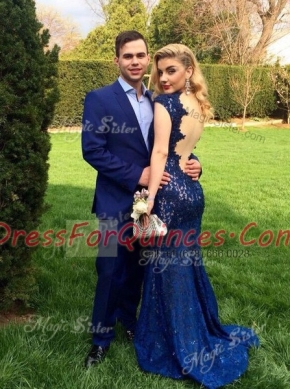 Excellent Mermaid Navy Blue Cap Sleeves Floor Length Lace Backless Dress for Prom