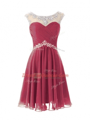 High Quality Burgundy Scoop Zipper Beading Prom Party Dress Cap Sleeves