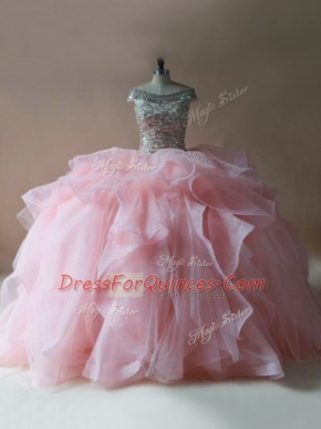 Sleeveless Brush Train Beading and Ruffles Lace Up Vestidos de Quinceanera