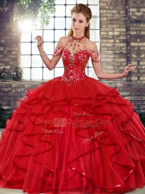 Suitable Red Sleeveless Tulle Lace Up Sweet 16 Quinceanera Dress for Military Ball and Sweet 16 and Quinceanera