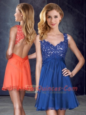 Straps Backless Royal Blue Prom Dress with Appliques and Belt