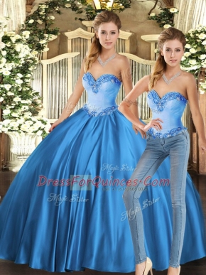 Most Popular Baby Blue Two Pieces Beading Quinceanera Gowns Lace Up Tulle Sleeveless Floor Length