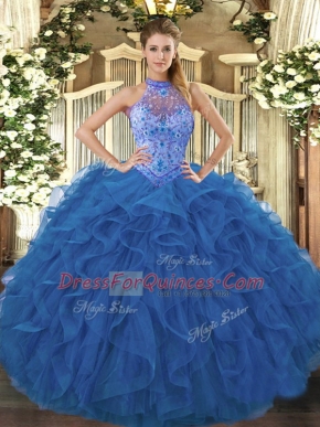 Glamorous Floor Length Blue Vestidos de Quinceanera Organza Sleeveless Beading and Embroidery and Ruffles