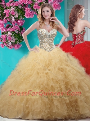 Classical Gold Really Puffy Quinceanera Dress with Beading and Ruffles