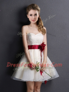 Traditional Champagne Organza Lace Up Sweetheart Sleeveless Mini Length Damas Dress Lace and Hand Made Flower
