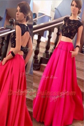 New Style Brush Train A-line Prom Dress Pink And Black Scoop Satin Short Sleeves Backless