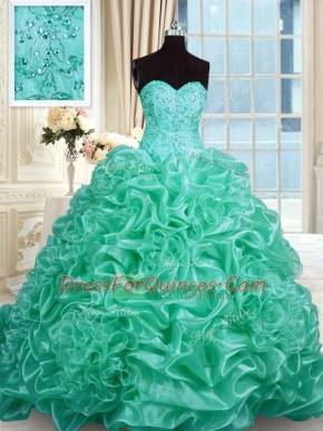 Exquisite Pick Ups With Train Ball Gowns Sleeveless Turquoise Quinceanera Gowns Lace Up