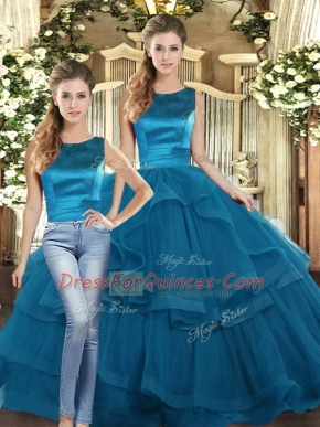 Chic Teal Scoop Lace Up Ruffles 15th Birthday Dress Sleeveless