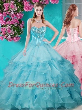 Perfect Puffy Skirt Beaded and Ruffled Sweet 16 Dress in Aqua Blue