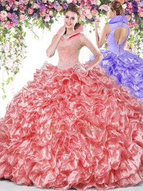 High Quality Coral Red Organza Backless Vestidos de Quinceanera Sleeveless Floor Length Beading and Ruffles