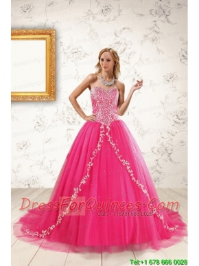 2015 Beautiful Hot Pink Quinceanera Dresses with Beading and Appliques