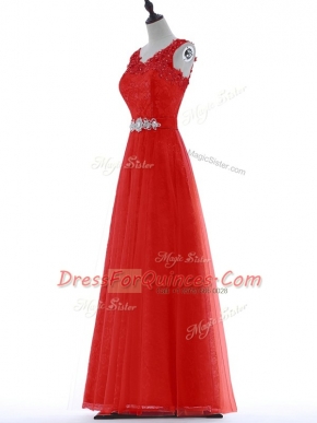 Nice Floor Length Red Dress for Prom V-neck Sleeveless Zipper